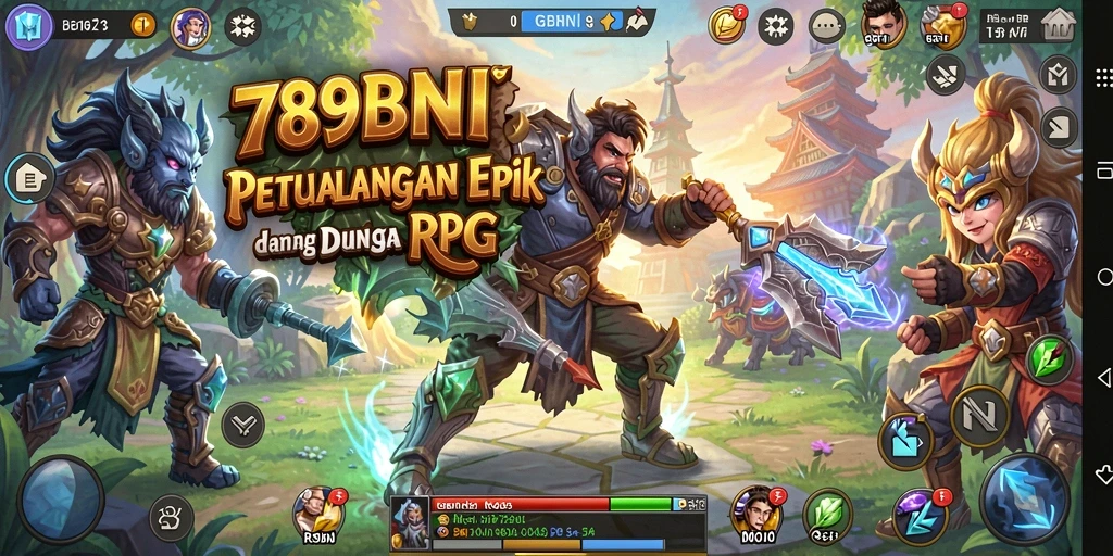 Screenshot utama menunjukkan pertempuran epik di dunia RPG.