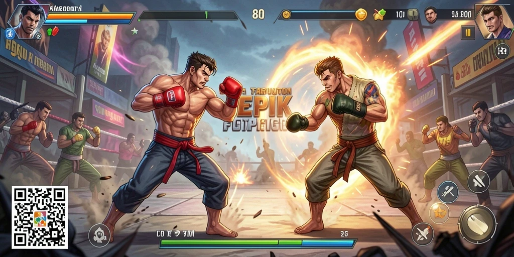 Gameplay Fighting seru dalam 8QR dengan pertarungan penuh aksi.