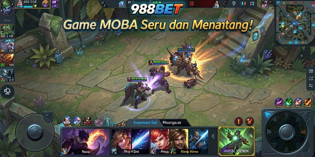 Screenshot gameplay mendebarkan di 988BET, tunjukkan aksi pertempuran MOBA.