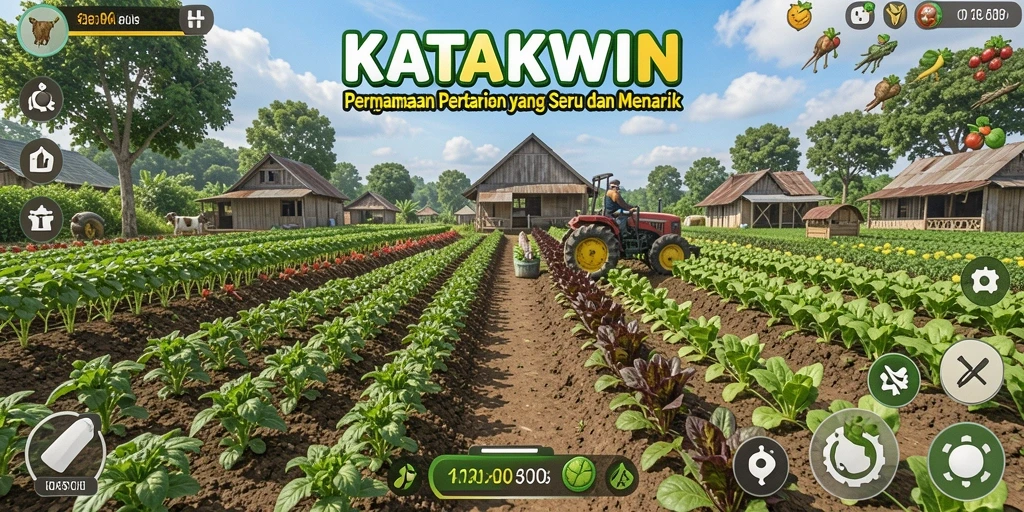 Gameplay KATAKWIN dengan pertanian yang berwarna-warni dan menarik.