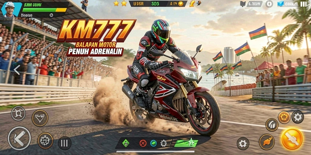 Screenshot utama KM777 menampilkan aksi balap motor yang mendebarkan.
