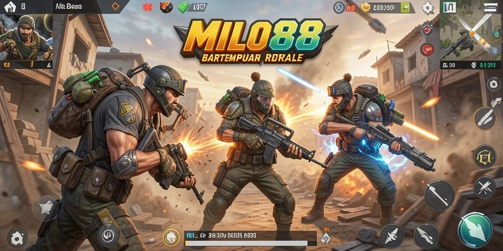 Screenshot utama MILO88 menampilkan pertempuran epik dalam gaya Battle Royale.