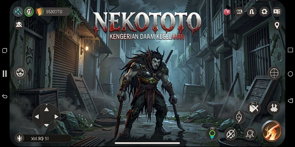 Screenshot gameplay NEKOTOTO yang menampilkan suasana mencekam.