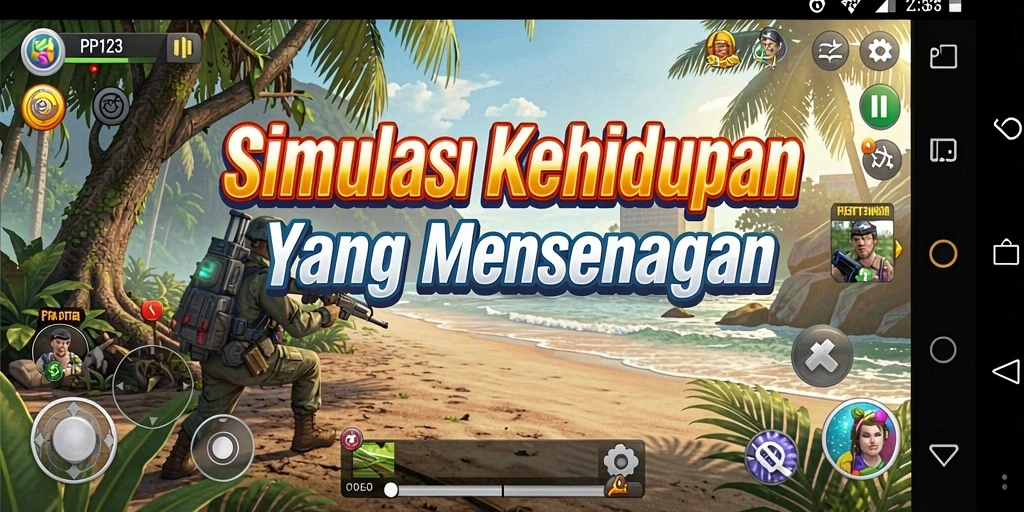 Tampilan gameplay PP123 yang menampilkan interaksi sosial dan pembangunan dunia.