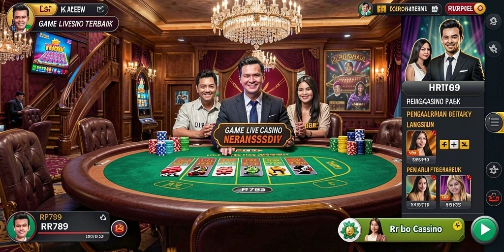 Screenshot gameplay RR789 menampilkan dealer langsung dan suasana kasino yang nyata.