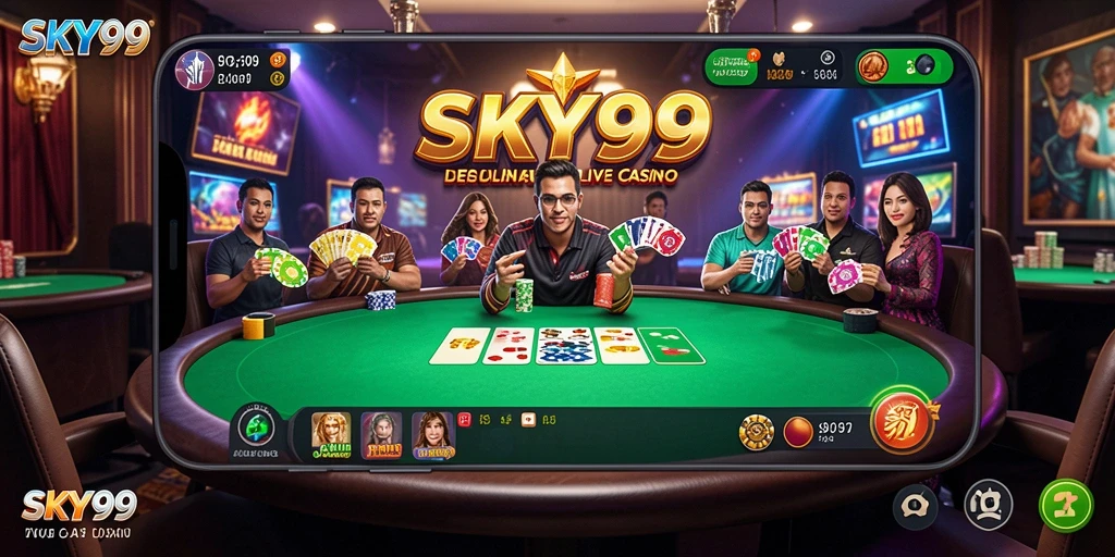 Tampilan gameplay menegangkan di SKY99 dengan dealer langsung dan suasana kasino.